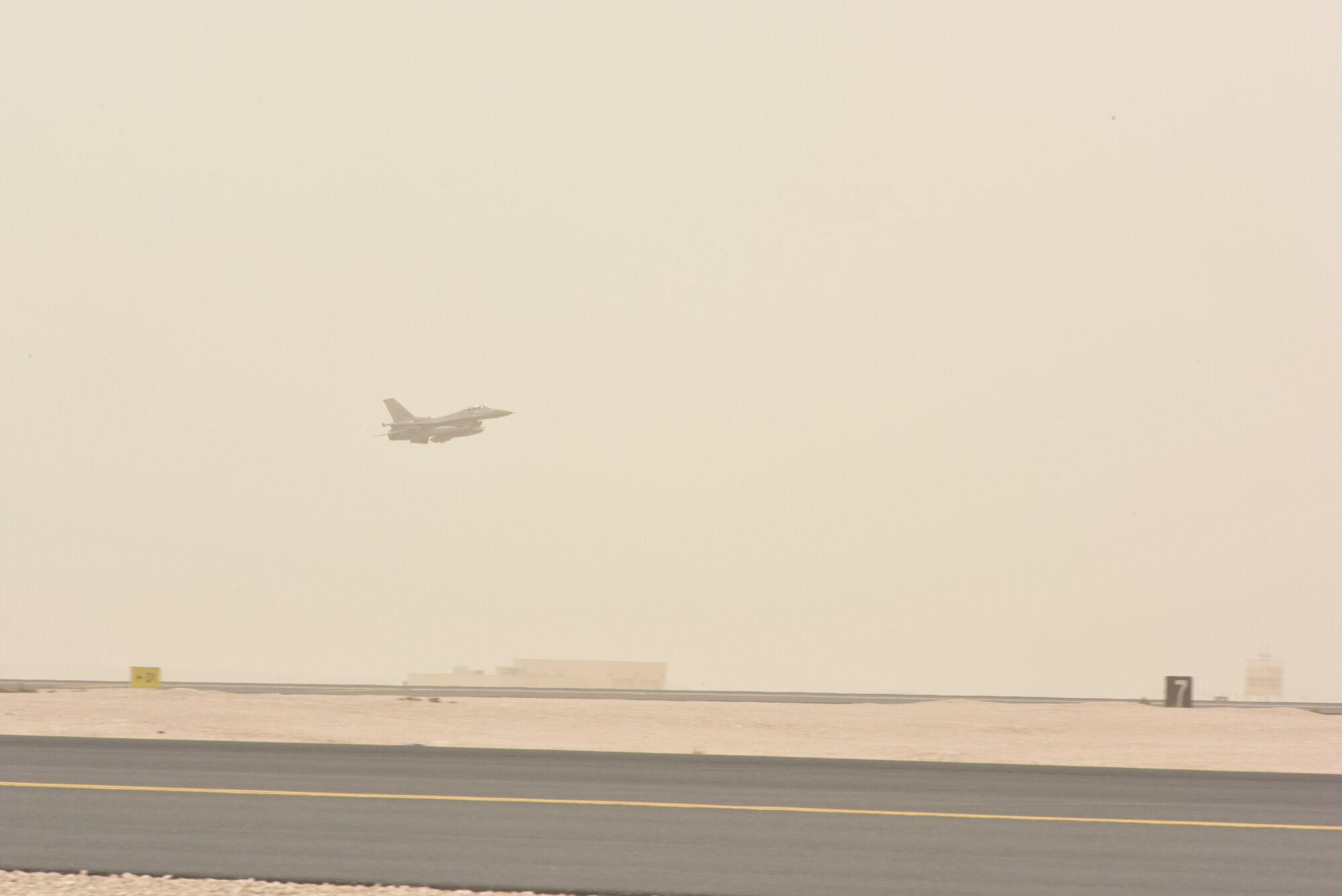An F-16 Fighting Falcon with the 555th Fighter Squadron, also known as the “world famous, highly-respected” Triple Nickel, takes off at Al Udeid Air Base, Qatar on Feb. 26,  2020. While deployed to AUAB, the Triple Nickel flew more than 840 sorties and nearly 5,000 hours in less than 120 days, directly supporting combat operations in Operations Spartan Shield and Inherent Resolve. (U.S. Air Force photo by Tech. Sgt. John Wilkes)