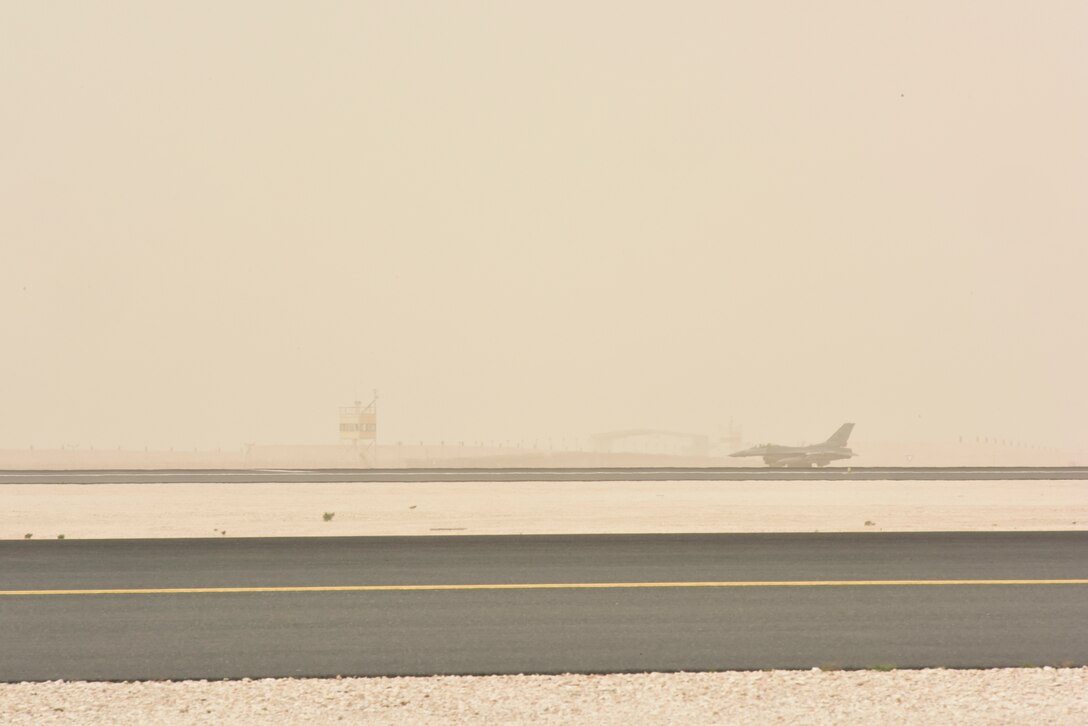 An F-16 Fighting Falcon with the 555th Fighter Squadron, also known as the “world famous, highly-respected” Triple Nickel, takes off at Al Udeid Air Base, Qatar on Feb. 26,  2020. While deployed to AUAB, the Triple Nickel flew more than 840 sorties and nearly 5,000 hours in less than 120 days, directly supporting combat operations in Operations Spartan Shield and Inherent Resolve. (U.S. Air Force photo by Tech. Sgt. John Wilkes)