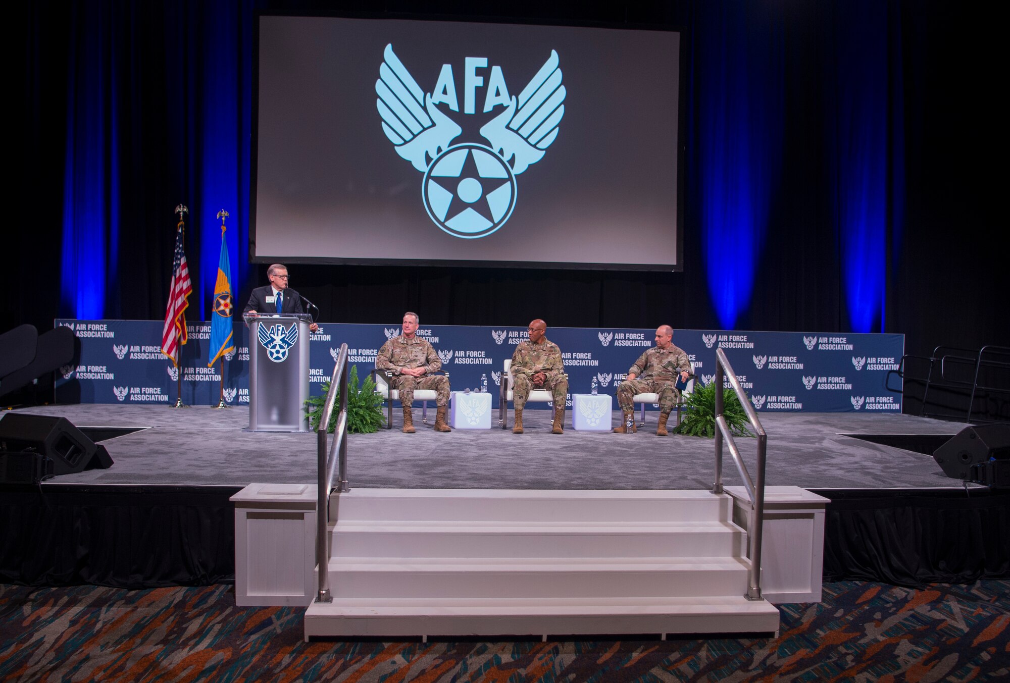 Gen. Jeff Harrigian, U.S. Air Forces in Europe and Air Forces Africa commander (right,) Gen. C.Q. Brown, U.S. Pacific Air Forces commander, and Gen. Terrence J. O'Shaughnessy, U.S. Northern Command and North American Aerospace Defense Command commander, participate in a panel discussion at Air Force Association Air Warfare Symposium on the emerging concept of Joint All-Domain Command and Control at the Air Force Association Air Warfare Symposium in Orlando, Florida, Feb. 27, 2020. JADC2 connects distributed sensors, shooters and data from all domains to all forces. (U.S. Air Force photo by Technical Sgt. Stephen Ocenosak)
