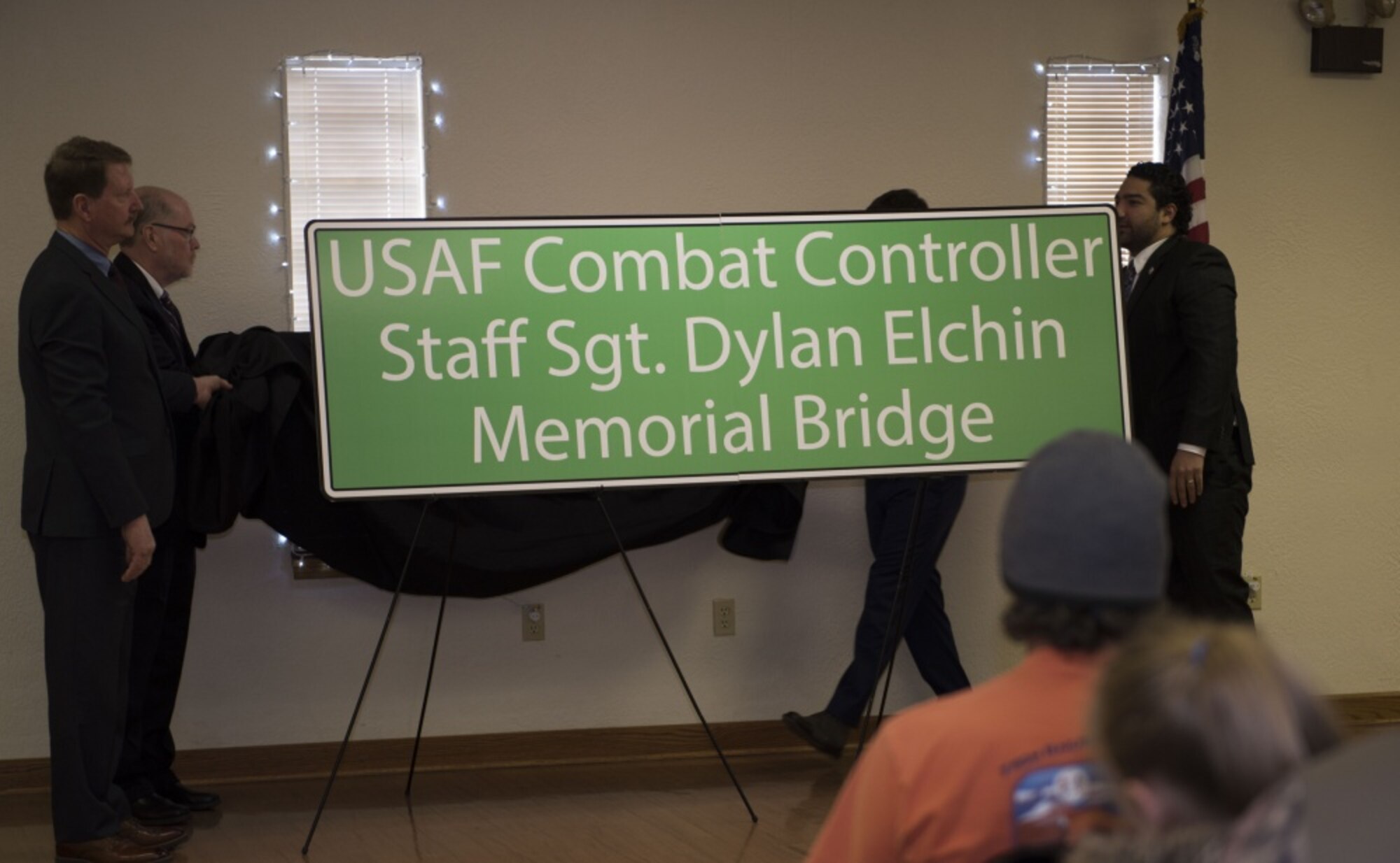 Pennsylvania Senator Elder Vogel Jr. and his staff unveil the newly named “USAF Combat Controller Staff Sgt. Dylan Elchin Memorial Bridge” at a ceremony in Rochester, Pa. Feb 29, 2020. The bridge honors the service of Special Tactics combat controller Staff Sgt. Dylan Elchin who was killed in action alongside two U.S. Army Special Forces members when their vehicle struck an improvised explosive device in Ghazni Province, Afghanistan, Nov. 27, 2018.
