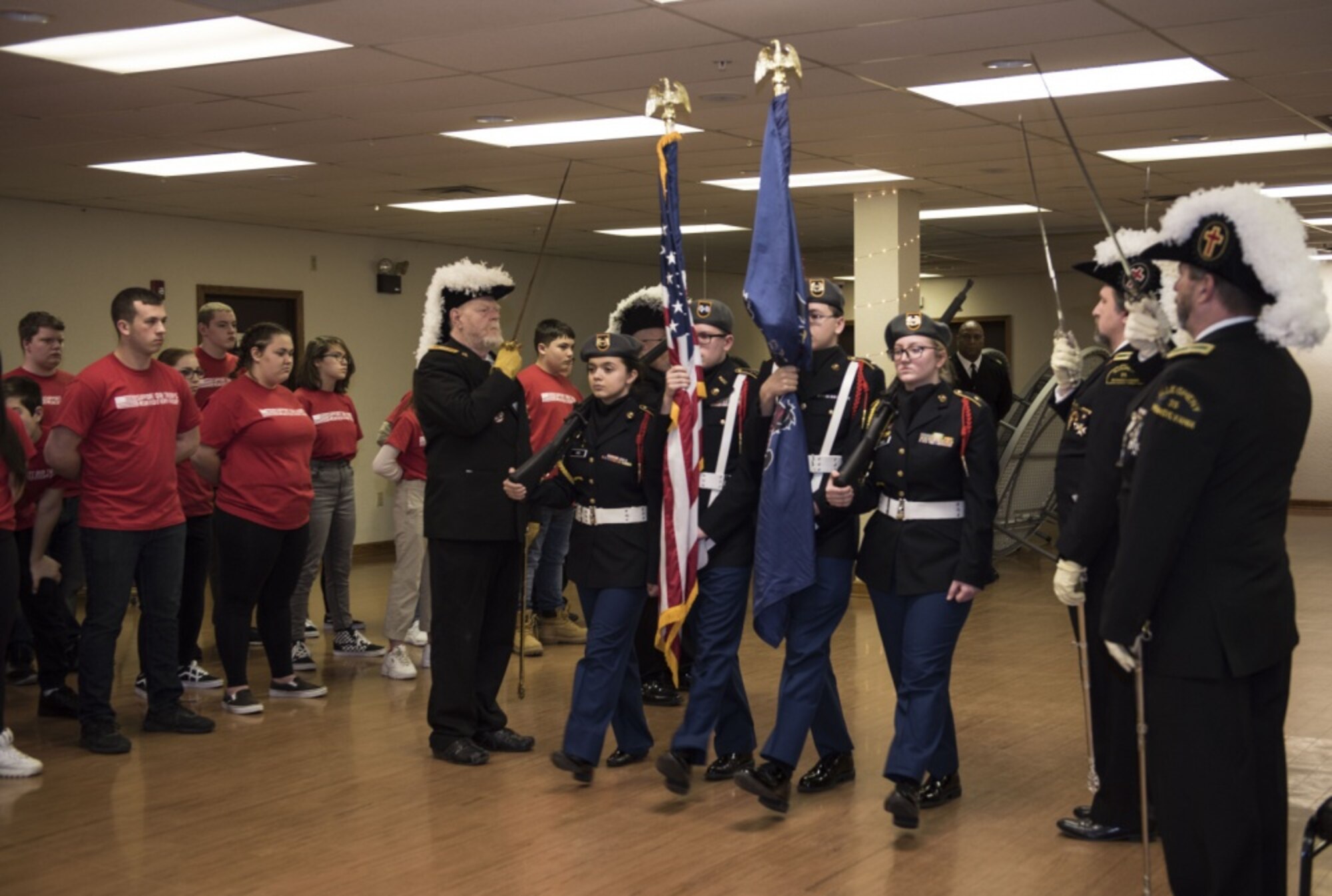 U.S. Army Junior Reserve Officer Training Corps cadets from Beaver Area High School stand at attention and present the colors during a ceremony unveiling the newly named “USAF Combat Controller Staff Sgt. Dylan Elchin Memorial Bridge” in Rochester, Pa. Feb 29, 2020. The bridge honors the service of Special Tactics combat controller Staff Sgt. Dylan Elchin who was killed in action alongside two U.S. Army Special Forces members when their vehicle struck an improvised explosive device in Ghazni Province, Afghanistan, Nov. 27, 2018.