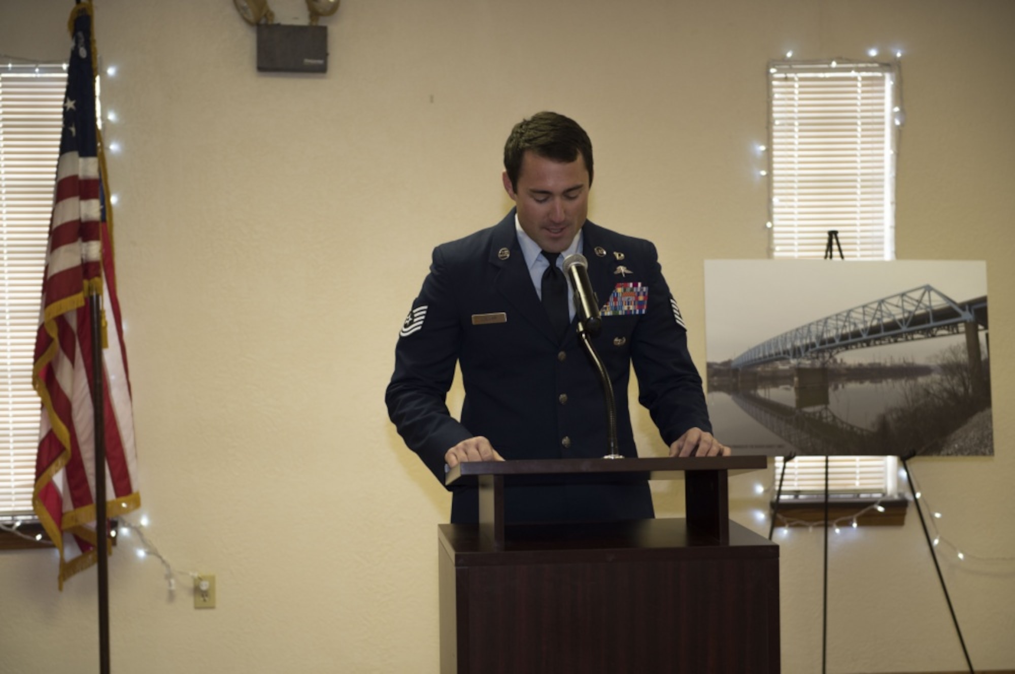 U.S. Air Force Tech Sgt. Adam Lollar, teammate of fallen combat controller Staff Sgt. Dylan Elchin, speaks at a ceremony unveiling the newly named “USAF Combat Controller Staff Sgt. Dylan Elchin Memorial Bridge” in Rochester, Pa. Feb 29, 2020. Elchin was killed alongside two U.S. Army Special Forces members when their vehicle struck an improvised explosive device in Ghazni Province, Afghanistan, Nov. 27, 2018.