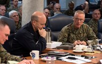 SOUTH CHINA SEA (March. 1, 2020) - U.S. 7th Fleet Vice Adm. Bill Merz and Commanding General, III Marine Expeditionary Force Lt. Gen. H. Stacy Clardy met to discuss naval integration aboard the 7th Fleet flagship USS Blue Ridge (LCC 19) in the South China Sea. The focus of naval integration is to ensure the Navy and Marine Corps are aligned with the National Defense Strategy, which requires shifting from traditional power projection to meeting the new challenges associated with maintaining a persistent naval forward presence.