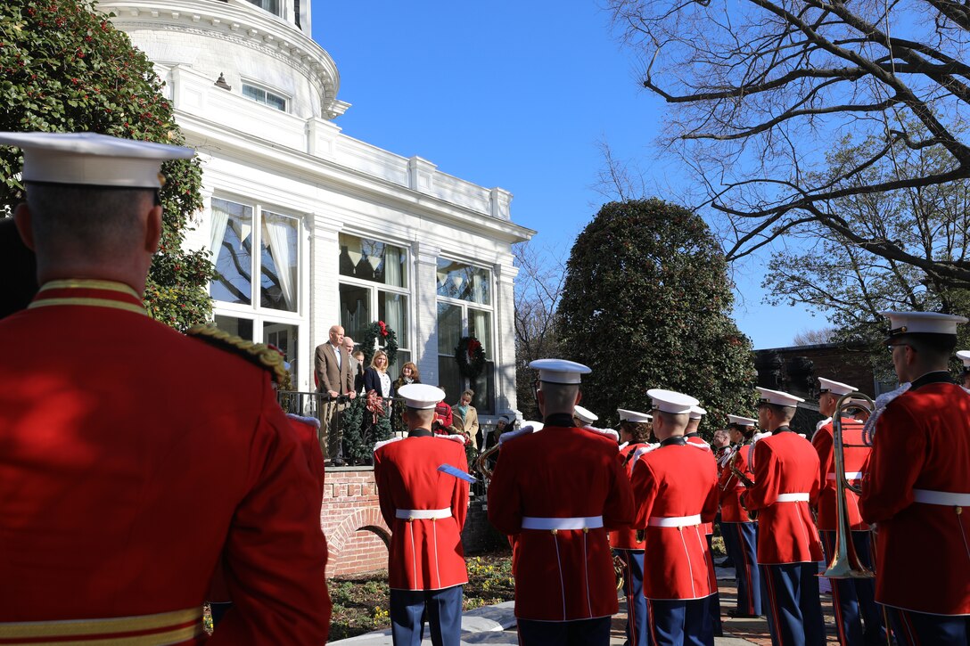 On Jan. 1, 2020, at Marine Barracks Washington, D.C., the Marine Band performed the "Surprise Serenade" for the 38th Commandant of the Marine Corps General David H. Berger. A tradition that dates back to the mid-1800s, the ensemble performed The Marines’ Hymn, “Bless this House,” and “Semper Fidelis.”  Following the serenade, the band was invited into the Home of the Commandants for a tour. (U.S. Marine Corps photos by Master Gunnery Sgt. Amanda Simmons/released)