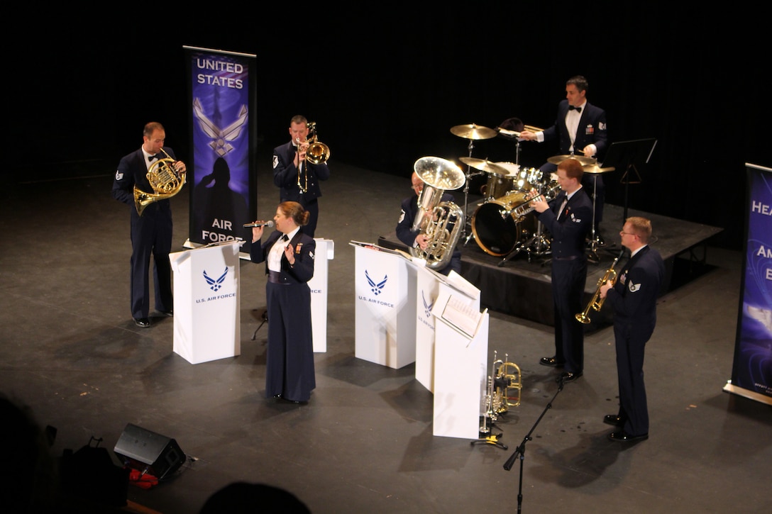 From the USAF Heartland of America Band, Senior Airman Aliyah Richling and the members of Offutt Brass honor our military veterans at the Merryman Performing Arts Center in Kearney, Nebraska, 11 November 2019