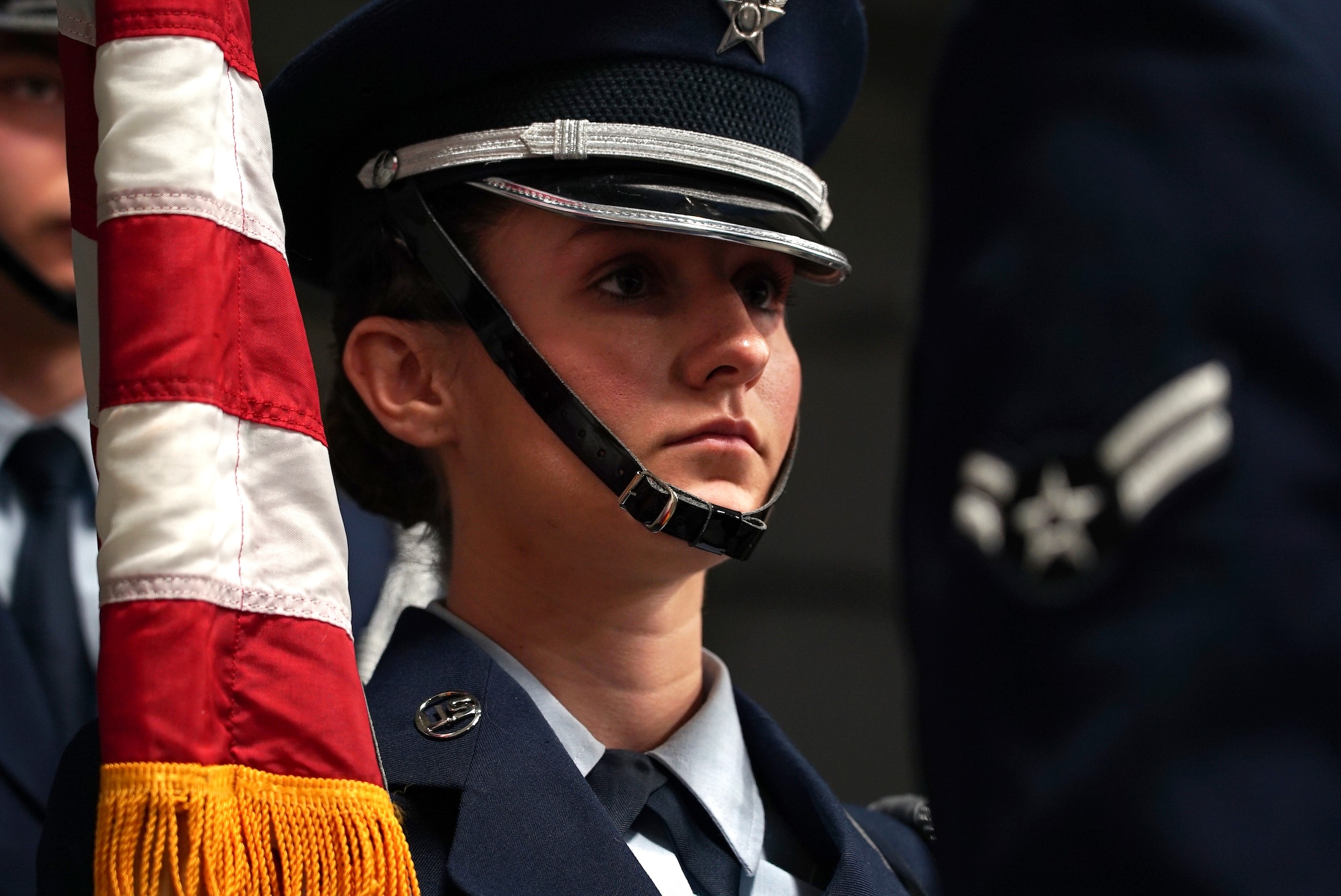 Airman 1st Class Hannah Galvin, 319th Reconnaissance Wing honor guardsman, stands ready Dec. 20, 2019, prior to a military working dog ceremony on Grand Forks Air Force Base, North Dakota. The ceremony was held in memory of MWD “Dex,” who worked with the 319th Security Forces Squadron for five years as a narcotic detector dog. (U.S. Air Force photo by Senior Airman Elora J. Martinez)