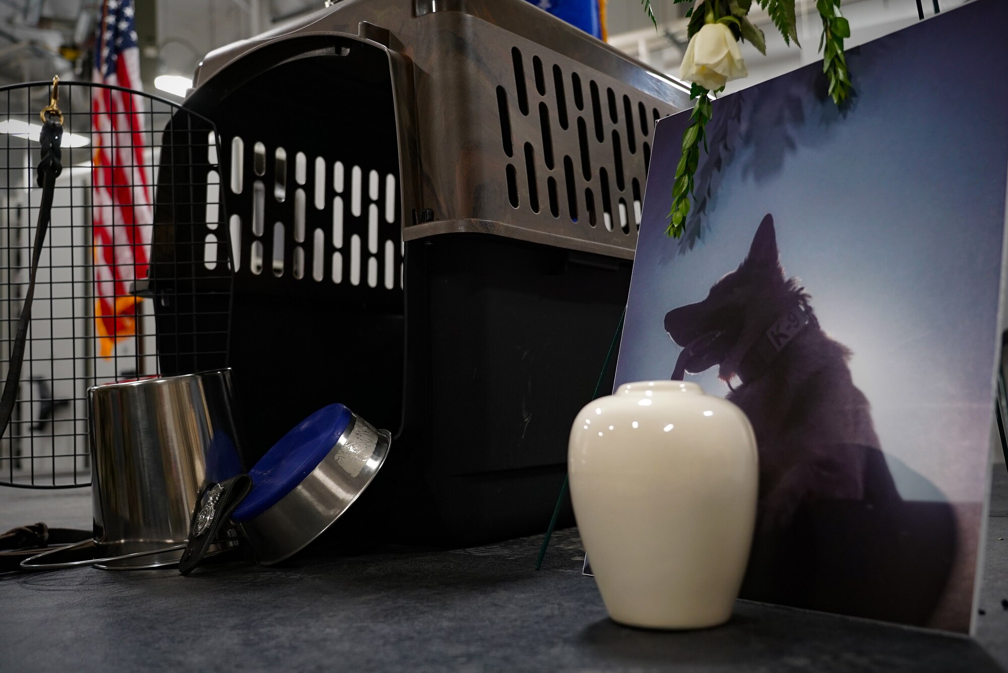 The ashes and a photograph of 319th Security Forces military working dog “Dex” is displayed during his memorial service Dec. 20, 2019, on Grand Forks Air Force Base, North Dakota. Dex worked as a narcotic detector dog with 10 handlers throughout his six years on Grand Forks AFB. (U.S. Air Force photo by Senior Airman Elora J. Martinez)