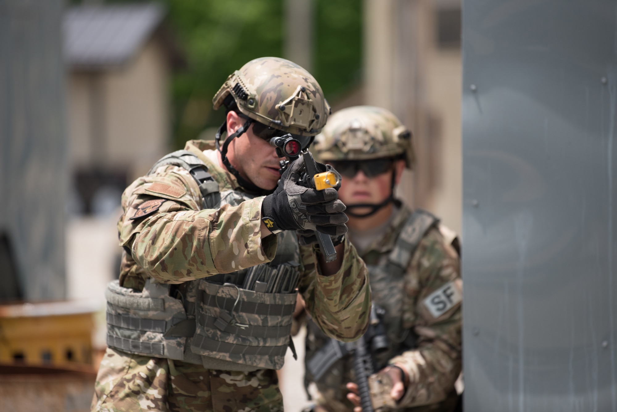 Staff Sgt. Joseph Howell,  a fire team member from the Kentucky Air National Guard’s 123rd Security Forces Squadron, leads a simulated short-notice mission to degrade terrorist capabilities during a field training exercise at Fort Knox, Ky., May 21, 2019. The exercise was designed to test security tactics in a simulated Afghan village from May 18-22. (U.S. Air National Guard photo by Phil Speck)