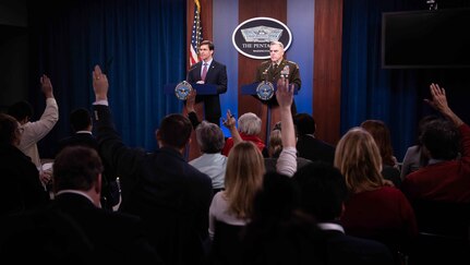 Defense Secretary Dr. Mark T. Esper and Chairman of the Joint Chiefs of Staff Army Gen. Mark A. Milley brief the media at the Pentagon, Dec. 20, 2019.