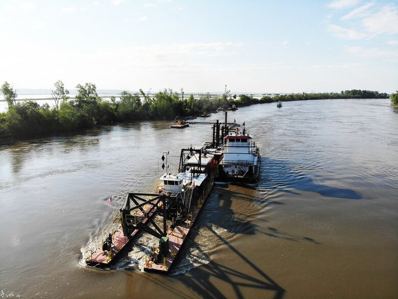 Dredge Iowa is used to complete the initial breach repair at the “A” breach location on the Missouri River L-575 Levee System June 13.