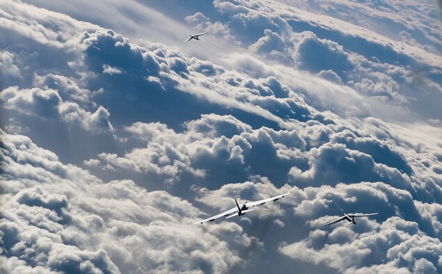 Three B-52 Stratofortresses deployed from Barksdale Air Force Base, La., fly a sortie in support of U.S. Strategic Command’s Bomber Task Force in Europe over Norway, March 28, 2019. Forward locations, like RAF Fairford, England where the B-52s are deployed, enable collective defense capabilities and provide the U.S. and NATO the strategic and operational breadth needed to deter adversaries and assure allies and partners.