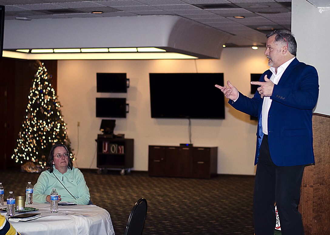 Roger Nelson, Health Promotion office coordinator, briefs Offutt community members about the updated programs being offered at the Health Promotion office.