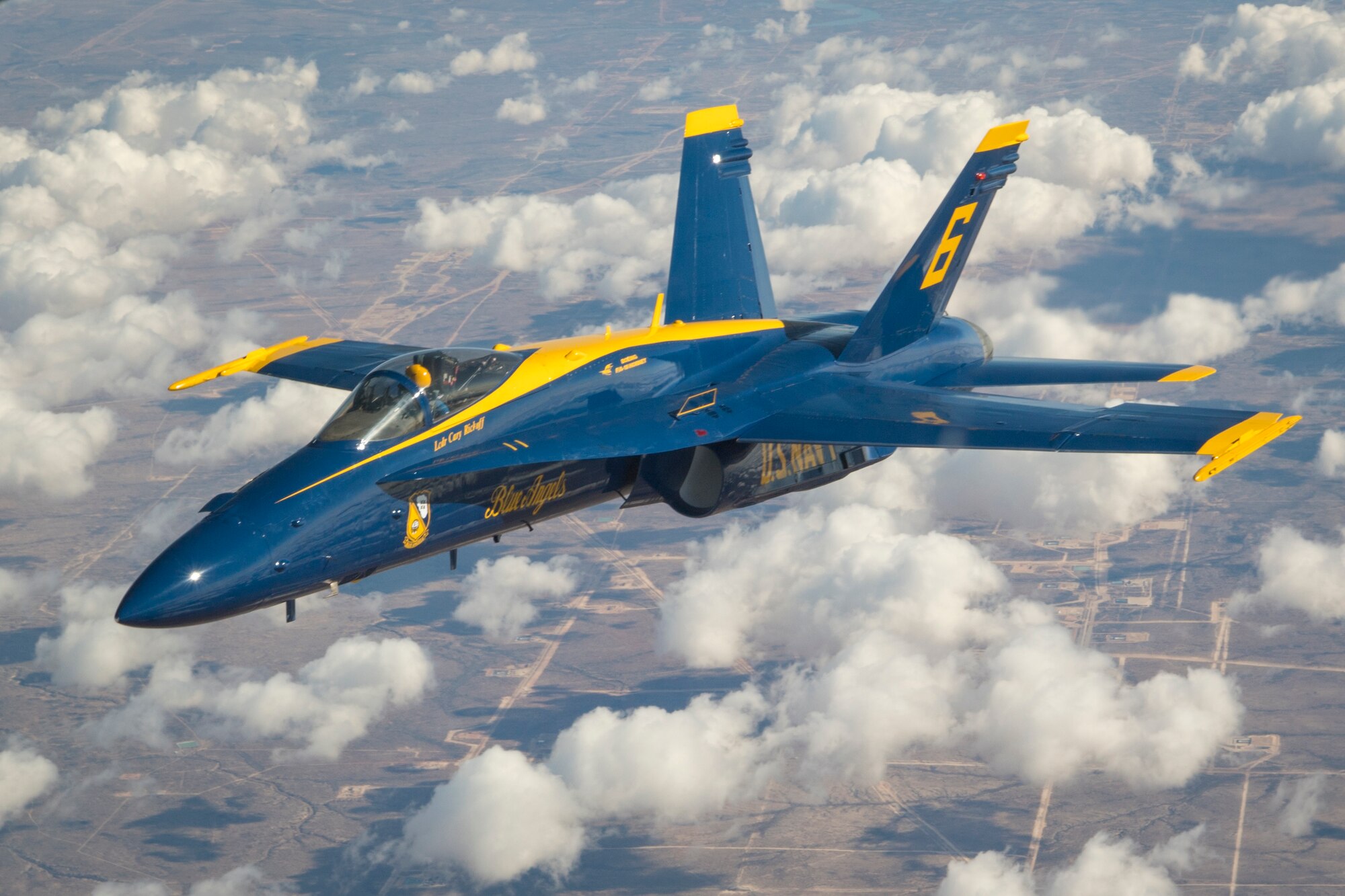 U.S. Navy Lt. Cmdr. Cary Rickoff, Blue Angels pilot, rejoins his formation after having his aircraft refueled by a KC-10 Extender operated by the 78th Air Refueling Squadron, 514th Air Mobility Wing, Joint Base McGuire-Dix-Lakehurst, N.J., Jan. 3, 2020. Members from the 78th ARS flew a sortie to refuel the U.S. Navy Blue Angels as well as ship cargo from Travis Air Force Base, Calif., to Joint Base Pearl Harbor-Hickam, Hawaii. (U.S. Air Force photo by Senior Airman Ruben Rios)