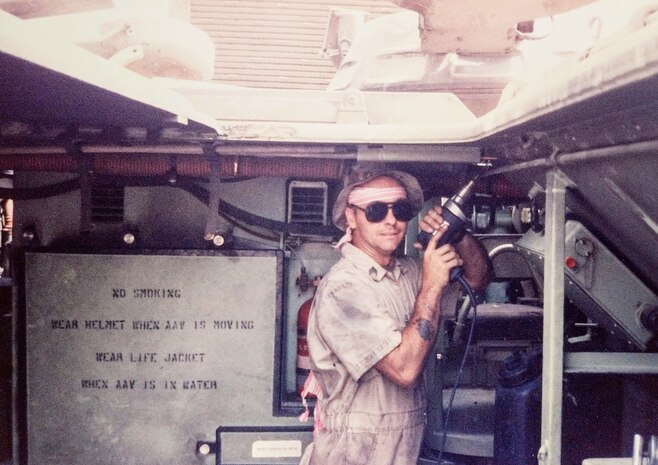 Master Sgt. Tommy “TJ” Pittman repairs an Assault Amphibious Vehicle in 1991. He, along with several other team members from the Advanced Amphibious Assault program office, were deployed to Saudi Arabia to upgrade AAVs during Operation Desert Shield. Pittman served the amphibious assault community for nearly 50 years, first as an enlisted amphibious vehicle operator for 24 years, then as a logistician with PM AAA at Program Executive Officer Land Systems for another 24 years. Pittman retired from federal civil service in December 2019. (Courtesy photo from Tommy Pittman)