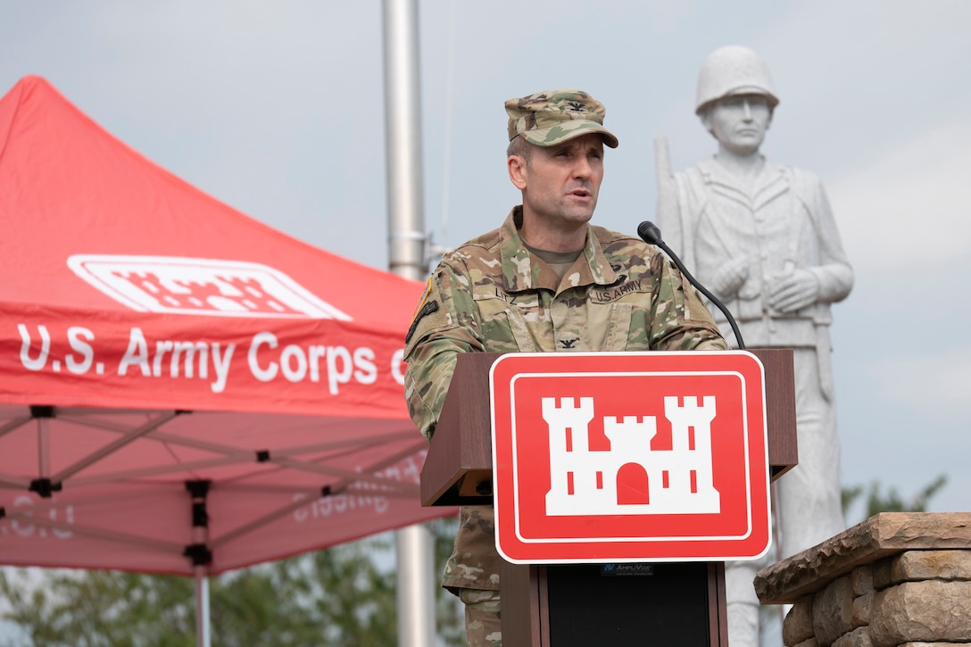 Col. John Litz, U.S. Army Corps of Engineers, Baltimore District commander, provides remarks during the U.S. Army Corps of Engineers 50th Anniversary commemoration and open house of the Foster Joseph Sayers Dam, in Centre County, Pennsylvania, Sept. 28, 2019. (U.S. Army photo by John Sokolowski)