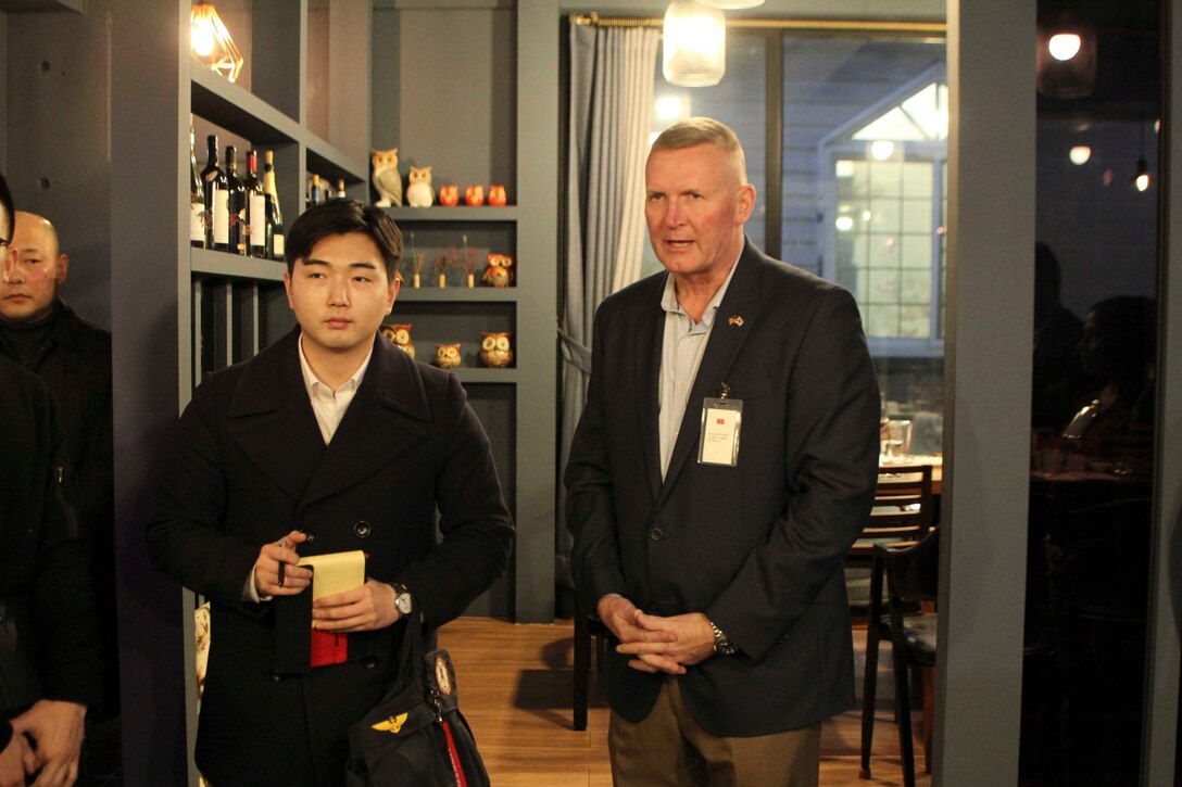 Commander of Marine Corps Forces Korea Maj. Gen. Bradley S. James attends a dinner with his ROK counterparts, aboard Camp. Mujuk, Jan. 6. The dinner was held to build and strengthen the ROK, U.S. alliance. (U.S. Marine Corps photo by Capt. Edward Pingel)