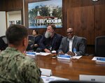 NSWC Corona Commanding Officer Capt. Khary Hembree-Bey (left) and HBCU/MI Program Director Anthony C. Smith Sr. discuss ways to enhance outreach and accession programs and increase workforce diversity.