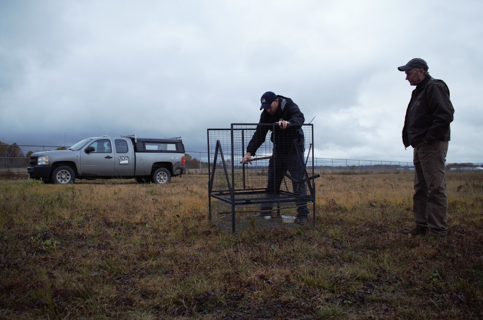 The Agriculture Department's Tony Aderman, district supervisor, and Dane Williams, wildlife specialist, check Swedish goshawk traps at Alpena Combat Readiness Training Center, Michigan, as part of the base's Bird/wildlife Aircraft Strike Hazard (BASH) program, Oct. 29, 2019.