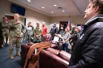 Vice Chairman of the Joint Chiefs of Staff Gen. John E. Hyten greets the USO Talent at Joint Base Andrews before taking off for the Chairman's USO New Year's Tour 2020, on Jan. 5, 2020. Hyten hosted the Chairman's USO Tour on behalf of Chairman of the Joint Chiefs of Staff Gen. Mark A. Milley to bring Washington Nationals Aaron Barrett and Adam Eaton, comedians Scott Armstrong and Matt Walsh, actor Brad Morris, country music band LoCash, MMA Fighters Illima-Lei Macfarlane and Felice Herrig; and DJ J Dayz to show service members in the U.S. European area of responsibility that America remembers them and values their service.