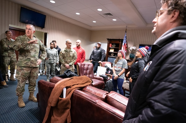 Vice Chairman of the Joint Chiefs of Staff Gen. John E. Hyten greets the USO Talent at Joint Base Andrews before taking off for the Chairman's USO New Year's Tour 2020, on Jan. 5, 2020. Hyten hosted the Chairman's USO Tour on behalf of Chairman of the Joint Chiefs of Staff Gen. Mark A. Milley to bring Washington Nationals Aaron Barrett and Adam Eaton, comedians Scott Armstrong and Matt Walsh, actor Brad Morris, country music band LoCash, MMA Fighters Illima-Lei Macfarlane and Felice Herrig; and DJ J Dayz to show service members in the U.S. European area of responsibility that America remembers them and values their service.