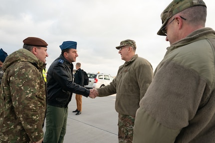 Vice Chairman of the Joint Chiefs of Staff Gen. John E. Hyten arrives at Mihail Kognalniceanu Air Base, Romania, to kick off the Chairman's USO New Year's Tour 2020 on Jan. 6, 2020. Hyten hosted the Chairman's USO Tour on behalf of Chairman of the Joint Chiefs of Staff Gen. Mark A. Milley to bring Washington Nationals Aaron Barrett and Adam Eaton, comedians Scott Armstrong and Matt Walsh, actor Brad Morris, country music band LoCash, MMA Fighters Illima-Lei Macfarlane and Felice Herrig; and DJ J Dayz to show service members in the U.S. European area of responsibility that America remembers them and values their service.