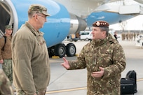 Vice Chairman of the Joint Chiefs of Staff Gen. John E. Hyten chats with Romanian Chief of the Defense Staff Lt. Gen. Daniel Petrescu after arriving at Mihail Kognalniceanu Air Base, Romania, to kick off the Chairman's USO New Year's Tour 2020 on Jan. 6, 2020. Hyten hosted the Chairman's USO Tour on behalf of Chairman of the Joint Chiefs of Staff Gen. Mark A. Milley to bring Washington Nationals Aaron Barrett and Adam Eaton, comedians Scott Armstrong and Matt Walsh, actor Brad Morris, country music band LoCash, MMA Fighters Illima-Lei Macfarlane and Felice Herrig; and DJ J Dayz to show service members in the U.S. European area of responsibility that America remembers them and values their service.