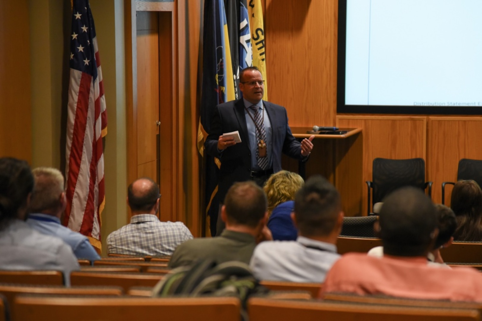 Naval Surface Warfare Center, Philadelphia Division (NSWCPD) Technical Director Tom Perotti addresses NSWCPD’s Branch Head Forum on Dec. 12, 2019. Perotti, along with NSWCPD Commanding Officer Capt. Dana Simon, provided their perspectives on the November 2019 Naval Sea Systems Command Leadership Forum, including encouraging attendees to continue to “expand the advantage” and to work with a “sense of urgency.” (U.S. Navy photo by Mass Communications Specialist 1st Class John Banfield/released)
