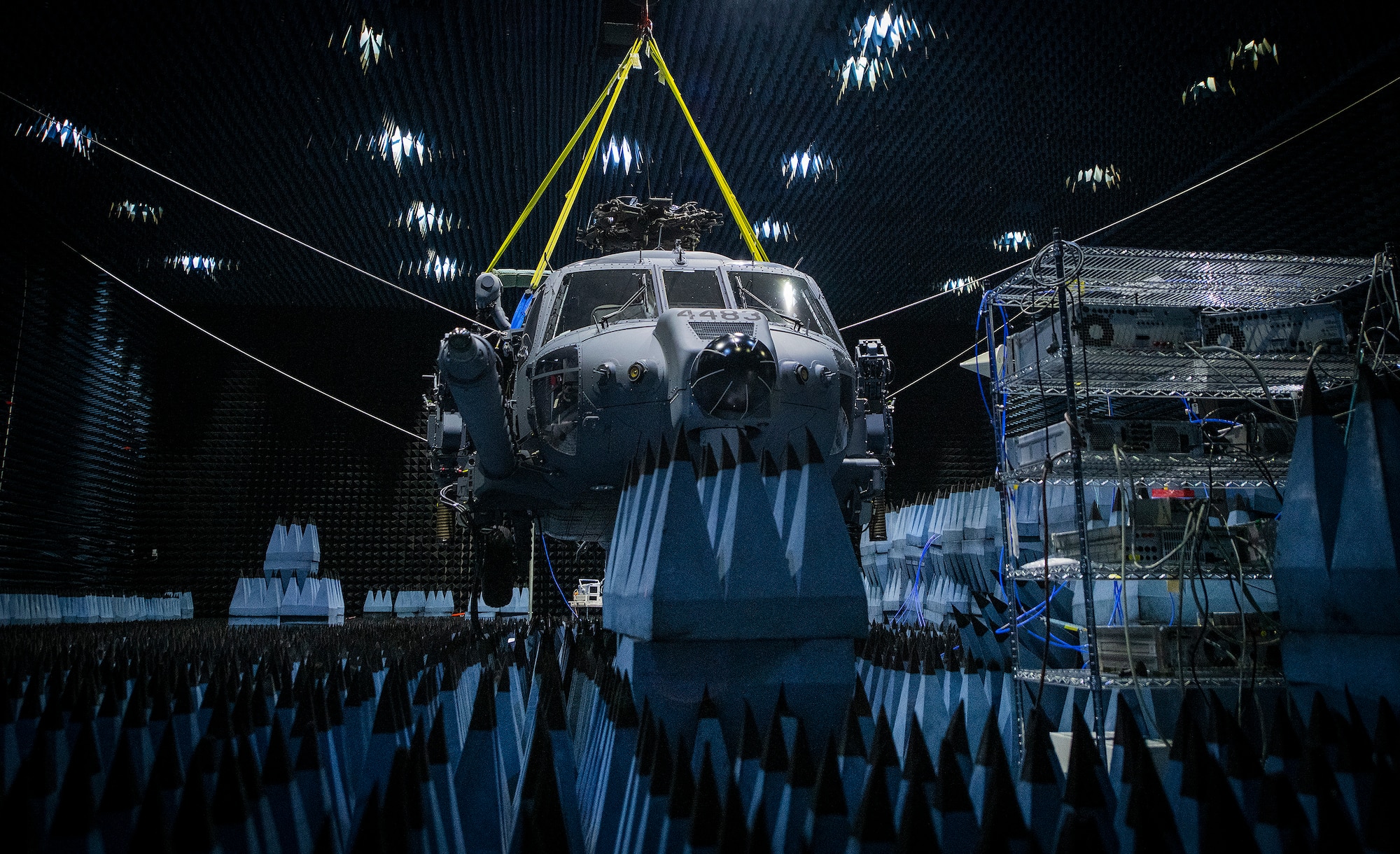 Hang in there:  HH-60W enters chamber for defensive systems testin