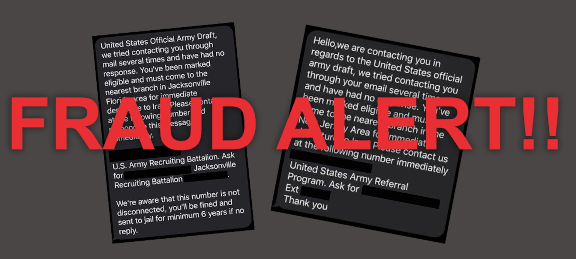 a gray, black, white, and red graphic containing two text messages with red letters indicating a fraud alert.