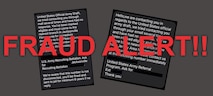 a gray, black, white, and red graphic containing two text messages with red letters indicating a fraud alert.