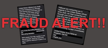 a gray, black, white, and red graphic containing two text messages with red letters indicating a fraud alert.