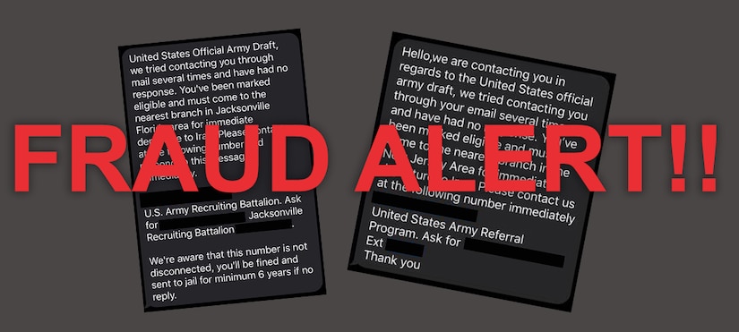 a gray, black, white, and red graphic containing two text messages with red letters indicating a fraud alert.