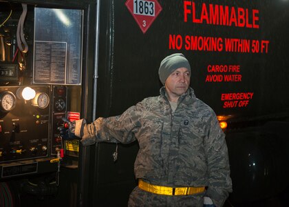 Master Sgt. Nicola Nardi, 103rd Logistics Readiness Squadron fuels operations noncommissioned officer in charge, refuels a C-130H Hercules assigned to the 103rd Airlift Wing at Bradley Air National Guard Base, East Granby, Connecticut, Jan. 4, 2020. Fuels Airmen support aircraft with jet fuel and liquid oxygen and test the fuel to ensure it meets Air Force specifications.