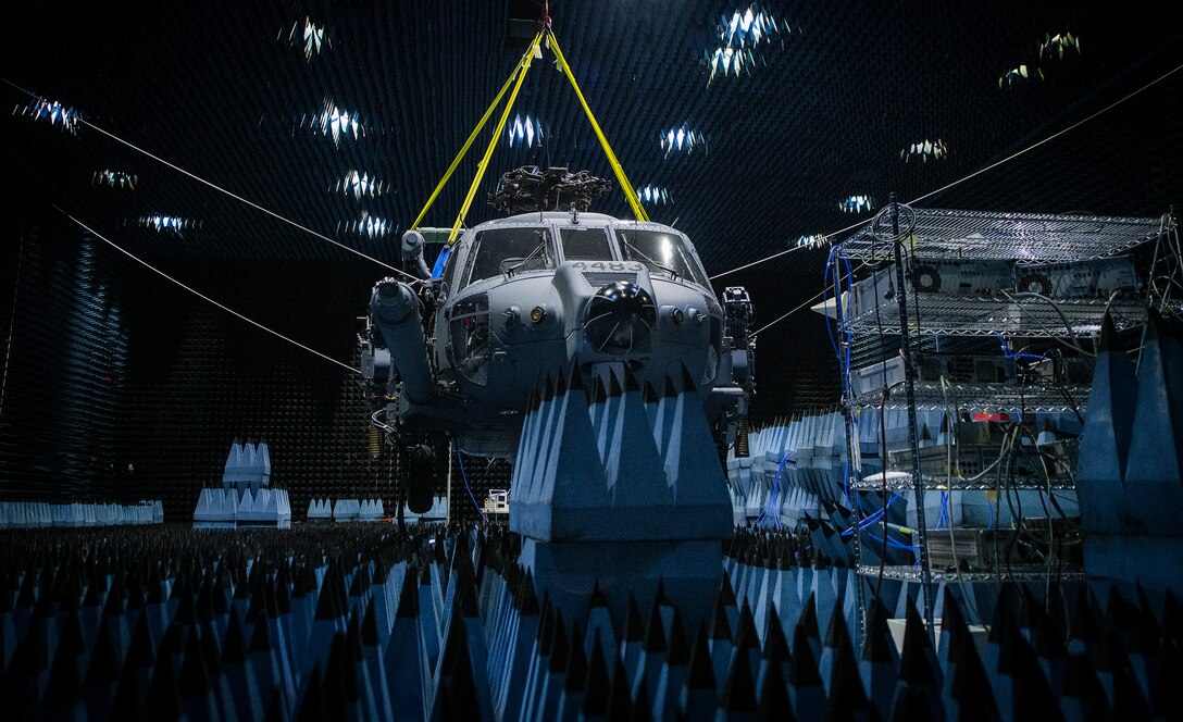 Hang in there:  HH-60W enters chamber for defensive systems testin