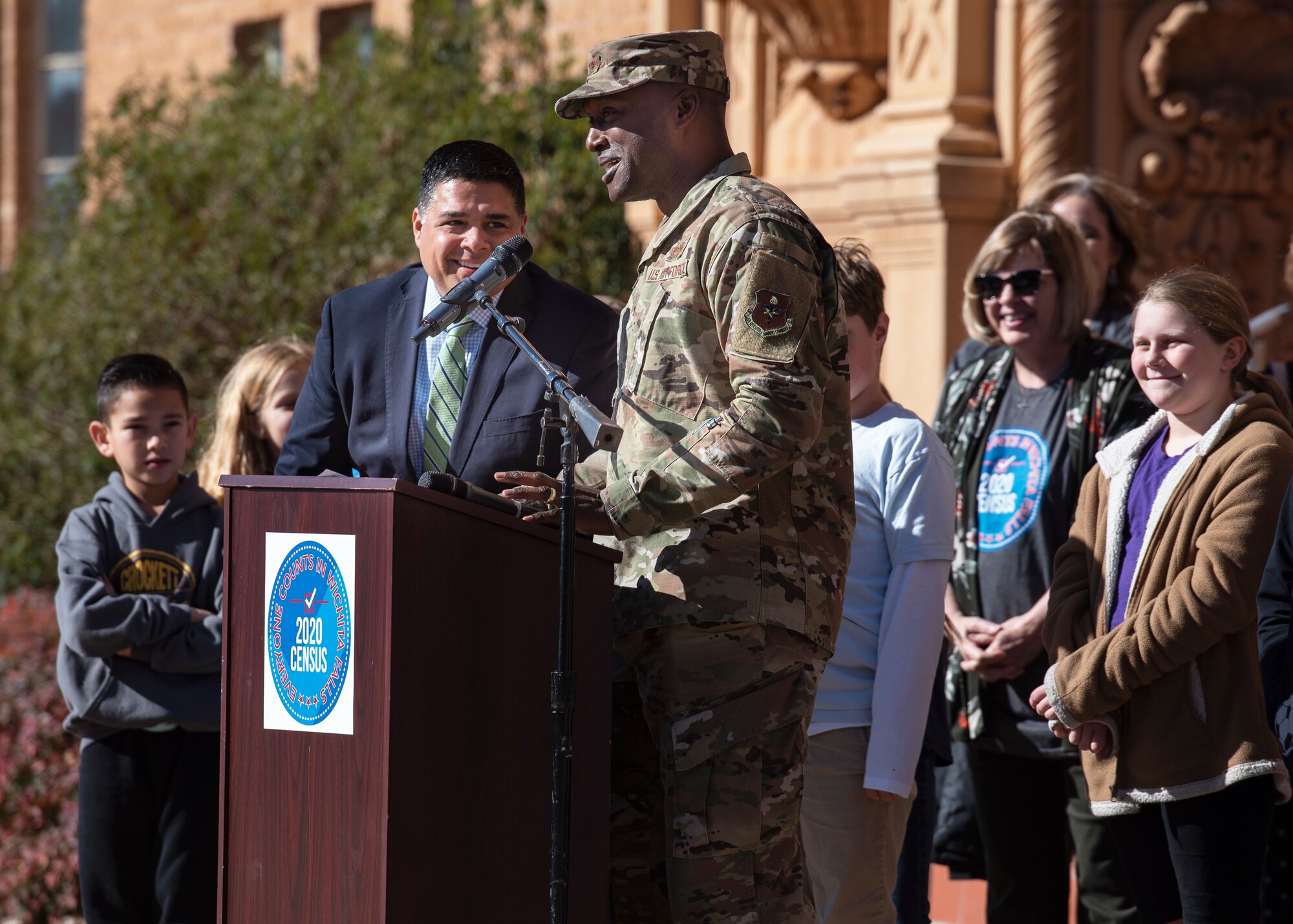 Col. Kenyon Bell, 82nd Training Wing commander, speaks at the 2020 Census Launch event at the Memorial Auditorium in Wichita Falls, Texas, Jan. 7, 2020. Bell encouraged everyone in the wider military community in Wichita Falls to make sure they are counted here this year in the 2020 census. Bell said being counted here supports the agencies that support Sheppard Air Force Base. (U.S. Air Force photo by Senior Airman Pedro Tenorio)