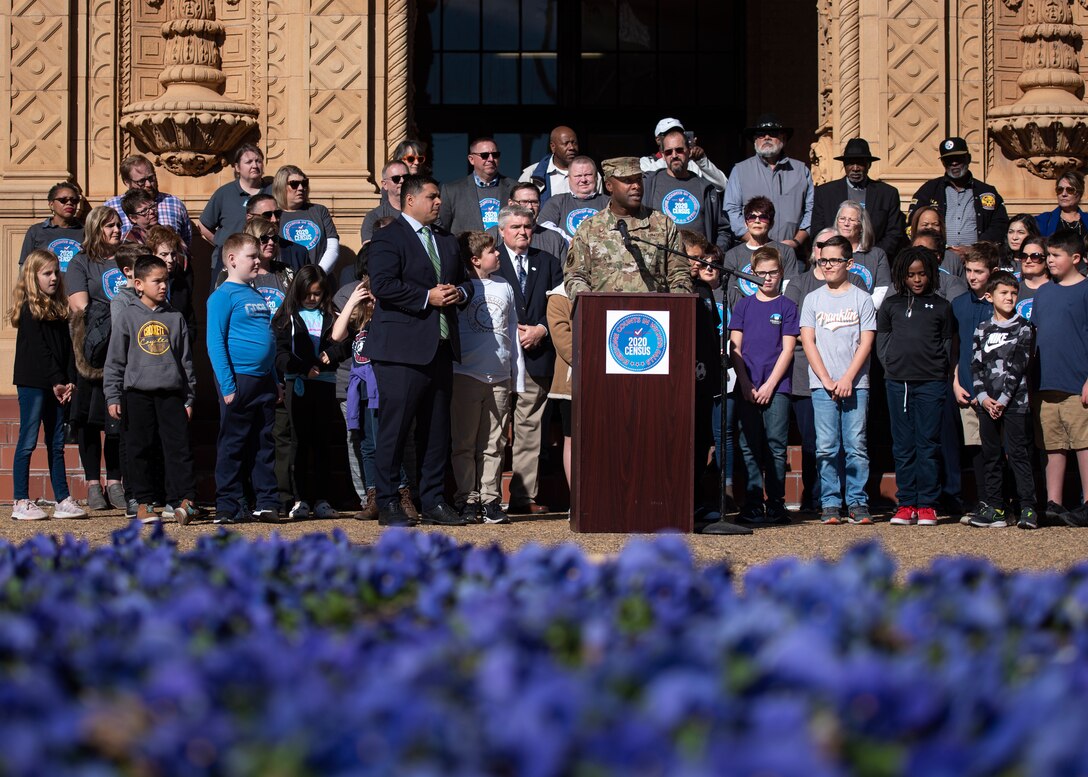 Col. Kenyon Bell, 82nd Training Wing commander, speaks at the 2020 Census launch event at the Memorial Auditorium in Wichita Falls, Texas, Jan. 7, 2020. Bell joined Wichita Falls community leaders as they launched the Census. Community leaders included Mayor Stephen Santellana, Wichita Falls city council members, arts & culture community leaders, non-profit sector leaders and WFISD fourth grade students and more. (U.S. Air Force photo by Senior Airman Pedro Tenorio)