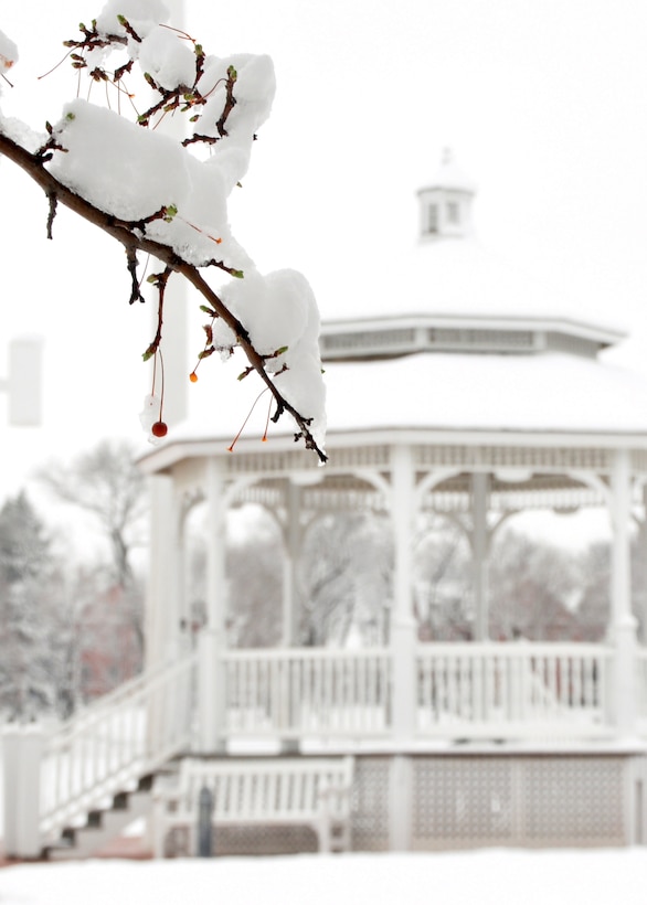snow covered tree branch in the foreground and gazebo in background at Offutt parade grounds