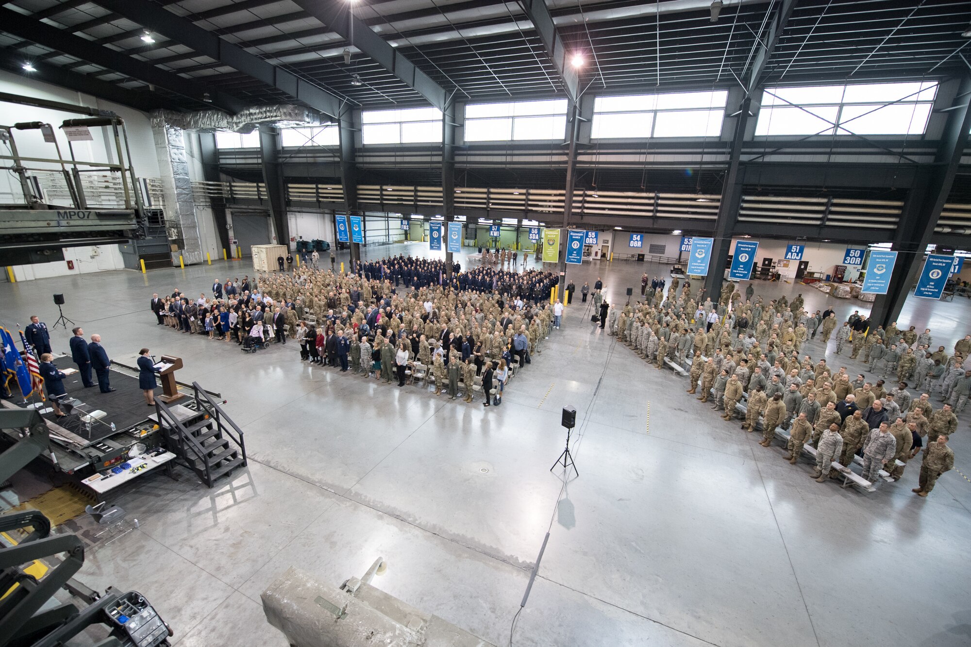 Members of Team Dover attend the 436th Airlift Wing Change of
Command ceremony Jan 7, 2020, at Dover Air Force Base, Del.
Col. Joel Safranek relinquished command of the 436th AW to Col. Matthew Jones in the ceremony, which was officiated by Maj. Gen. Sam C. Barrett, 18th Air Force commander. (U.S. Air Force photo by Mauricio Campino)