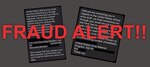 a gray, black, white, and red graphic containing two text messages with red letters indicating a fraud alert.