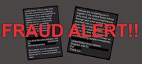 a gray, black, white, and red graphic containing two text messages with red letters indicating a fraud alert.