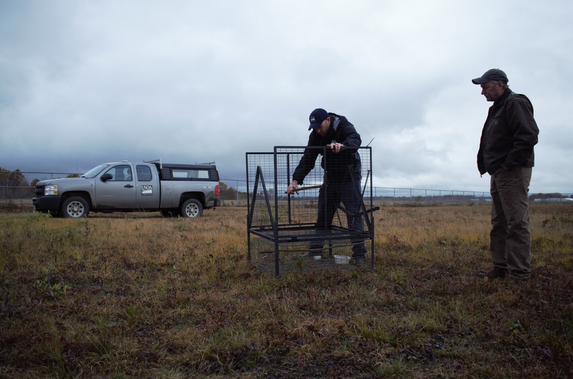 Tony Aderman, a United States Department of Agriculture's district supervisor, and Dane Williams, a USDA wildlife specialist, check Swedish goshawk traps at Alpena Combat Readiness Training Center, Mich., in support of the base's Bird/wildlife Aircraft Strike Hazard (BASH) program, Oct. 29, 2019. (U.S. National Guard photo by 1st Lt. Andrew Layton)