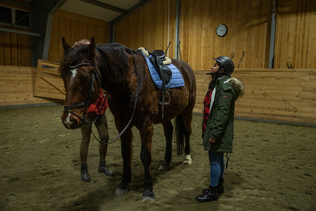 A U.S. Marine with Marine Rotational Force-Europe 20.1, Marine Forces Europe and Africa, prepares to mount a horse while visiting a Norwegian family for Host-A-Marine, in Setermoen, Norway, Dec. 27, 2019. This program gave Marines the opportunity to conduct cultural exchanges and foster lasting professional relationships with Norwegians during the holiday season. MRF-E focuses on regional engagements throughout Europe by conducting various exercises, arctic cold-weather and mountain-warfare training, and military-to-military engagements, which enhance overall interoperability of the U.S. Marine Corps with allies and partners. (U.S. Marine Corps photo by Lance Cpl. Nathaniel Q. Hamilton)