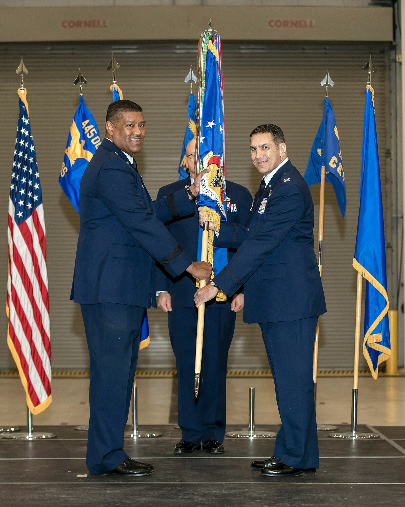 The 445th Airlift Wing held an assumption of command ceremony here as Col. Raymond Smith, Jr., took command of the wing during a ceremony Jan. 4, 2020. Brig. Gen. Robert Blake, mobilization assistant to the director of current operations, deputy chief of staff for operations, Headquarters U.S. Air Force, Washington D.C., presided over the ceremony. Col. Adam Willis, the previous 445th AW commander, left Dec. 7, 2019, to take command of the 315th Airlift Wing at Joint Base Charleston, South Carolina.