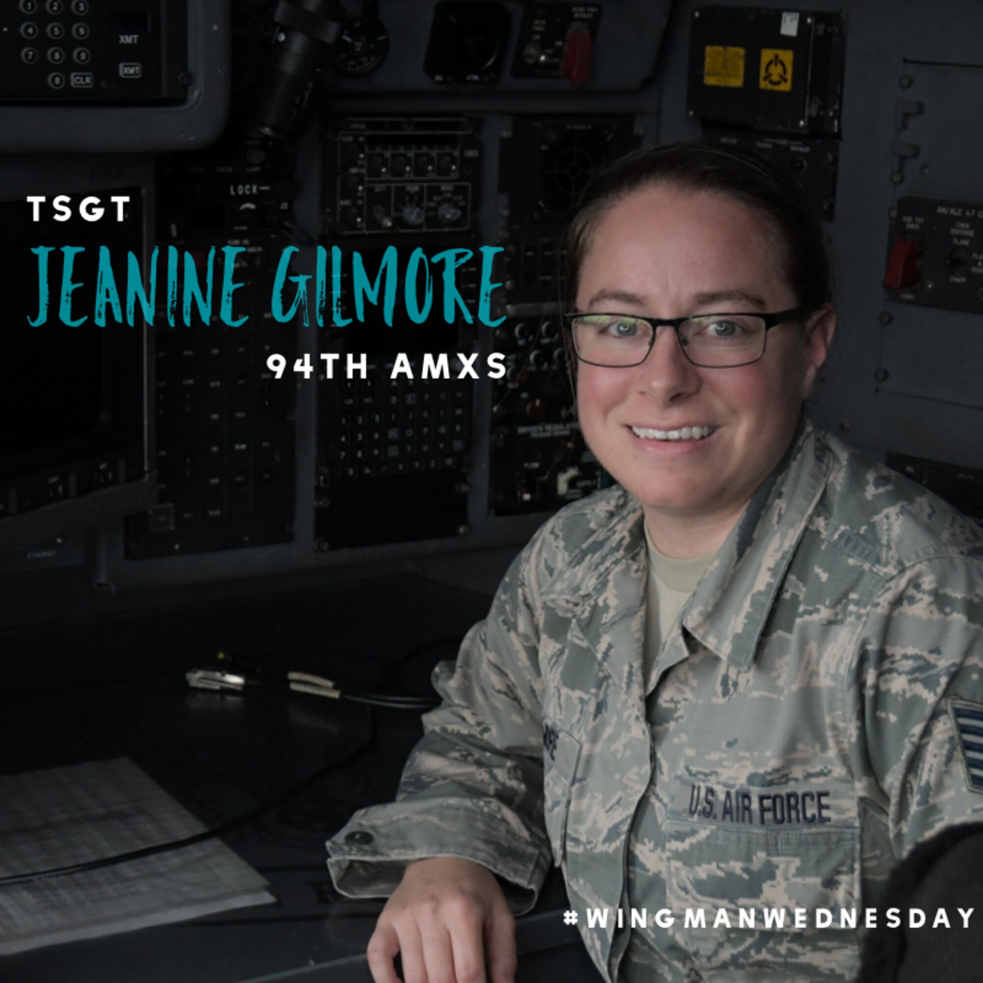 This week’s featured wingman is Tech. Sgt. Jeanine Gilmore, a 94th Aircraft Maintenance Squadron systems technician. #wingmanwednesday is a series spotlighting individuals around Dobbins Air Reserve Base. (U.S. Air Force graphic/Andrew Park)