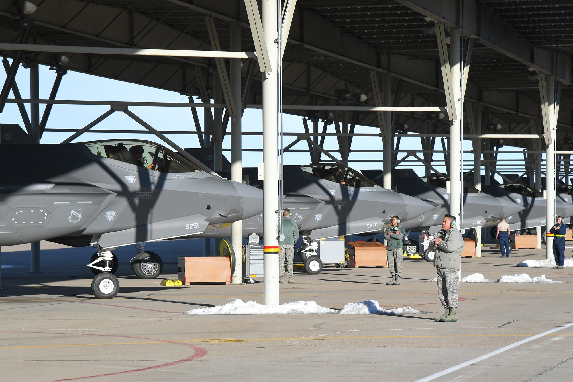 F-35 Lightning IIs assigned to Hill Air Force Base, Utah, prepare to taxi during a combat power exercise