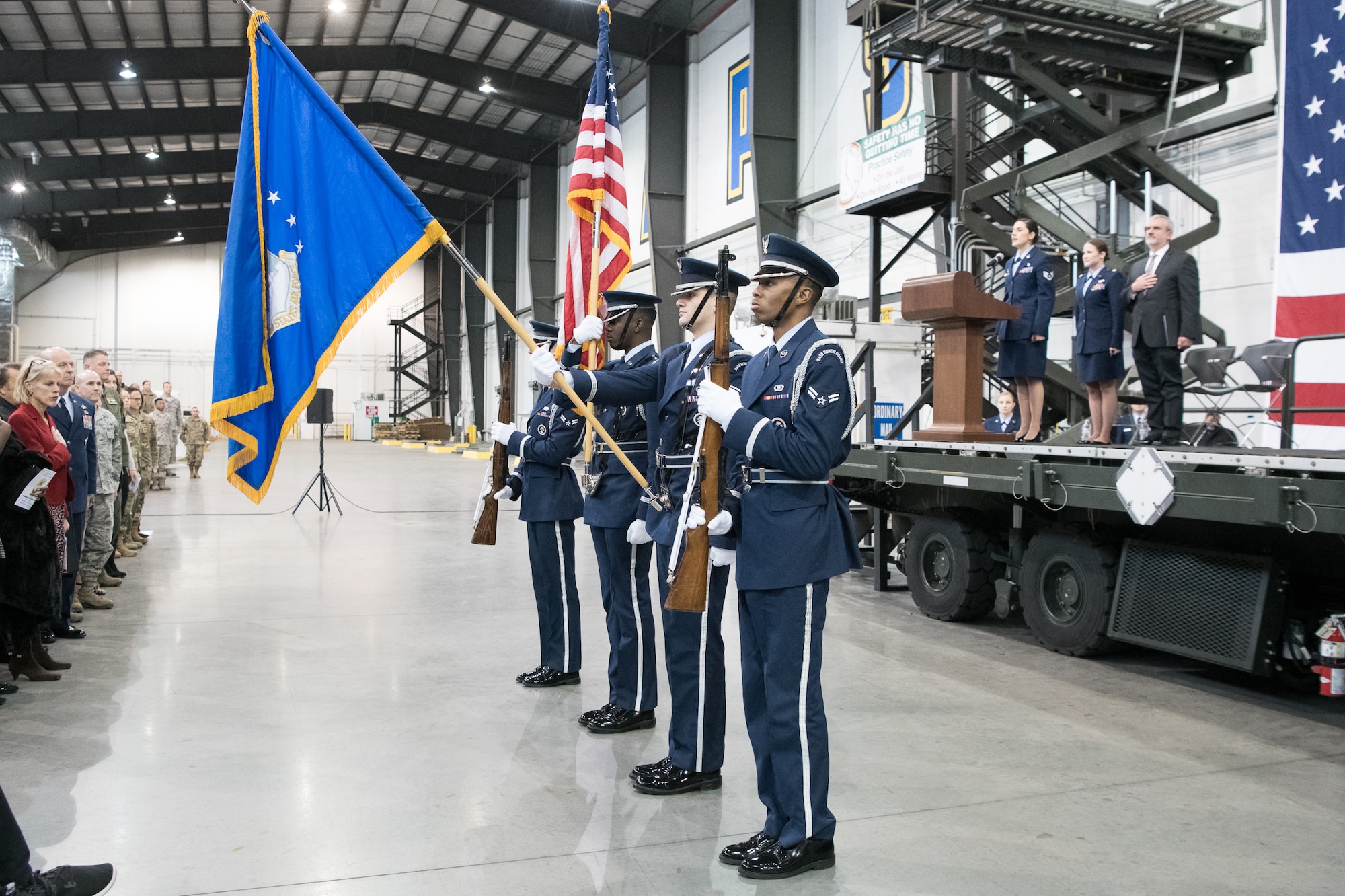 The Dover Air Force Base Honor Guard presents the colors during the 436th AW Change of Command ceremony Jan 7, 2020, at Dover Air Force Base, Del. More than 100 Airmen from Dover participated in the ceremony. (U.S. Air Force photo by Mauricio Campino)
