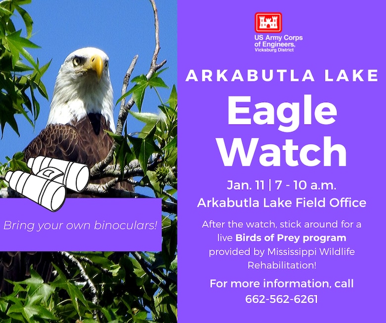 VICKSBURG, Miss. – The U.S. Army Corps of Engineers (USACE) Vicksburg District’s north Mississippi lakes will each hold their midwinter bald eagle survey, Eagle Watch, in January.

The Grenada Lake Eagle Watch will take place Jan. 10 from 8 a.m. to noon. Volunteers will meet at the Grenada Lake conference room, located across the street from the visitor center, before the survey begins.

The Arkabutla Lake Eagle Watch will take place Jan. 11 from 7 a.m. to 10 a.m. Volunteers will meet at the Arkabutla Lake Field Office before the survey begins. After the survey, volunteers are invited to return to the field office for a live Birds of Prey program presented by Mississippi Wildlife Rehabilitation.