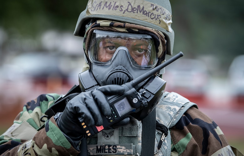 Senior Airman during a chemical, biological, radiological, nuclear and explosive exercise