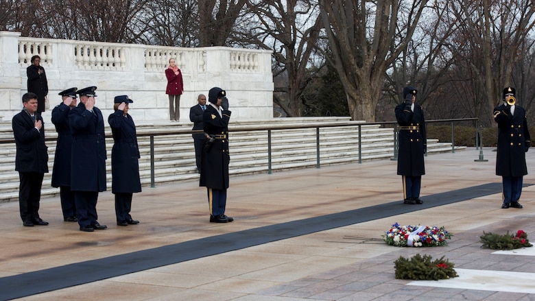 Air Force Office of Special Investigations Headquarters leadership, left, render honors with members of the 3rd U.S. Infantry Regiment (The Old Guard) during the laying of the AFOSI wreath at the Tomb of the Unknown Soldier at Arlington National Cemetery, Va., Jan. 7, 2020. (U.S. Air Force photo by Staff Sgt. Jeremy Mosier, SAF/PAI)