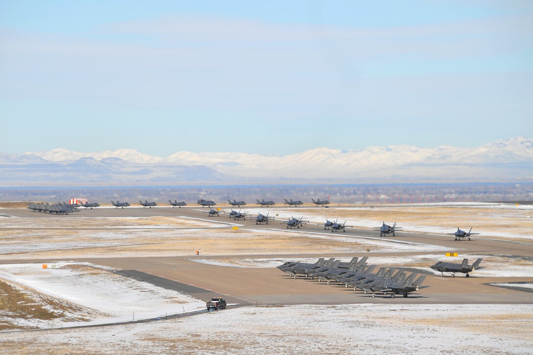 F-35 Lightning II fighter jets at Hill Air Force Base, Utah, prepare for takeoff during a combat power exercise
